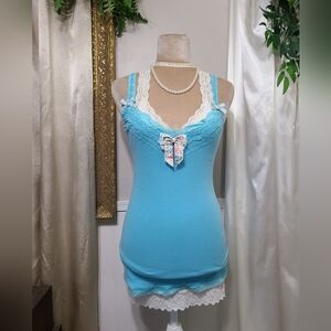 ♡ Y2K ♡ Hollister Sky Blue Flower Polka Dot Bow Lace Cami